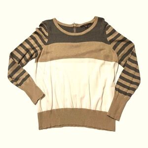 FEVER crew neck sweater multi neutral striping exposed back zipper.